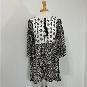 Aina Be Black Cream Boho 3/4 sleeve Mini Dress Casual Cute Classy Goth Medium